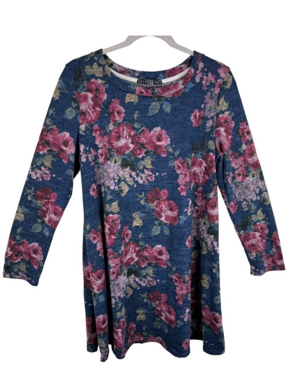 Potter's Pot 3/4 Sleeve Floral Tight Knit Lightweight Above Knee Sweater Dress L